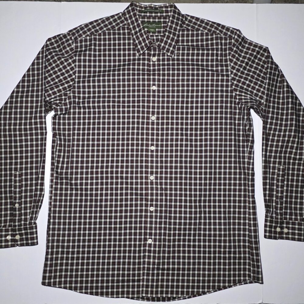 Eddie Bauer Mens Brown and White Plaid Long Sleeve Button Up Shirt Size TXL